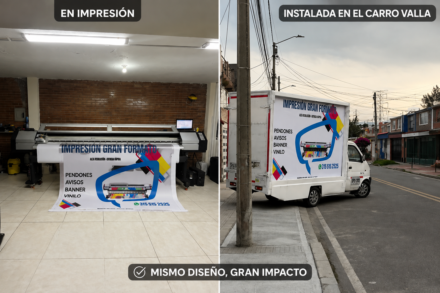 Proceso de impresión y banner instalado en carro valla de Publisual Print